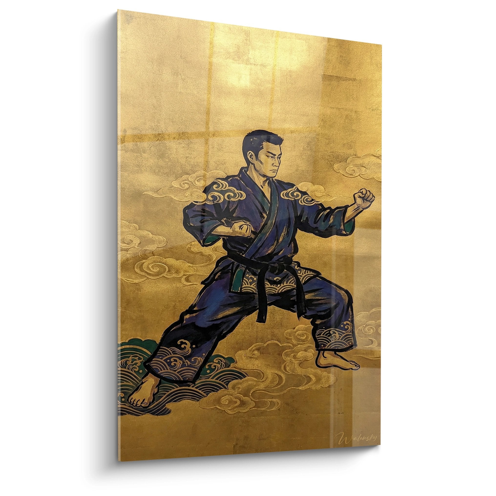 Tableau art martial représentant un maître de karaté en kimono bleu sur fond doré avec nuages stylisés