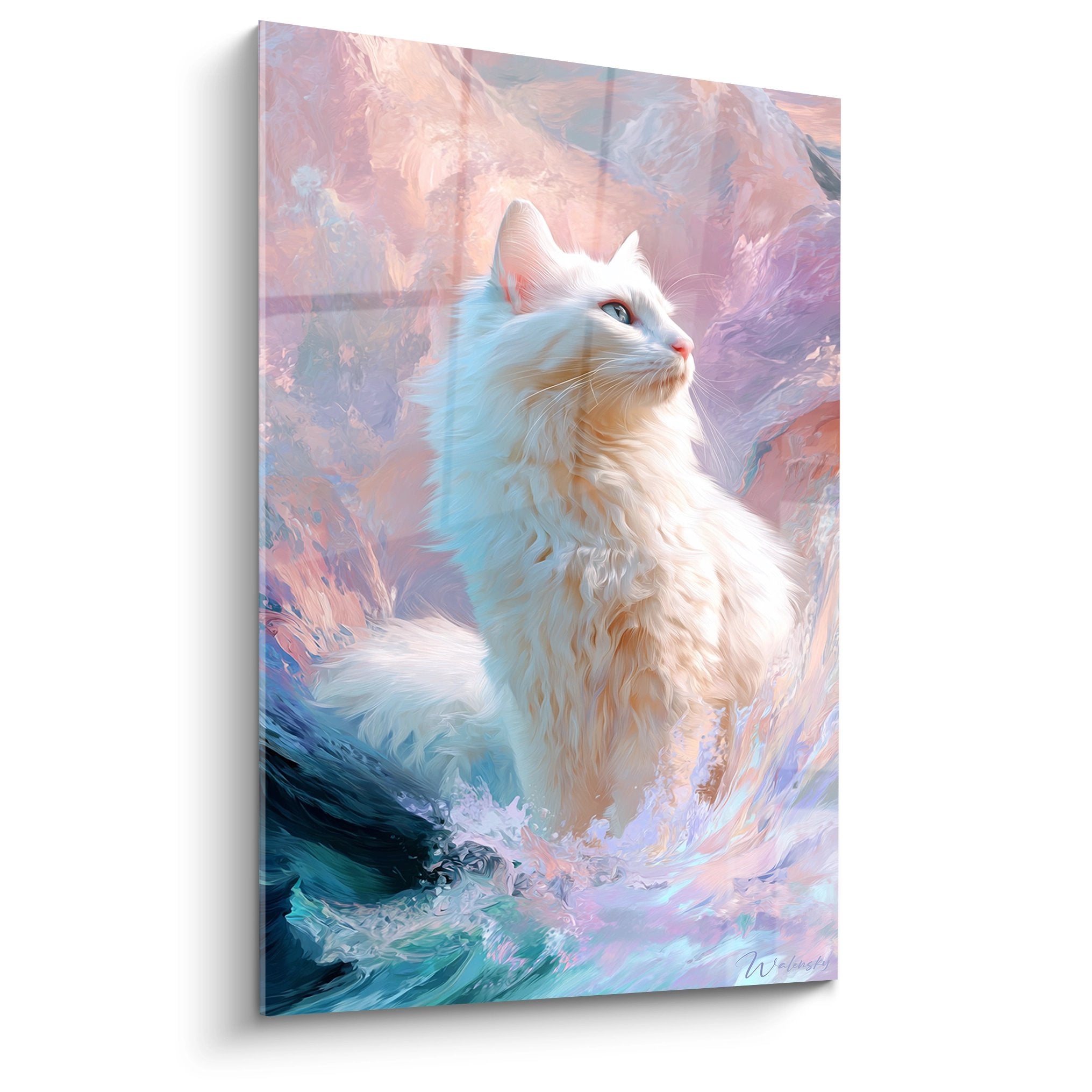 Tableau artistique chat Turkish Van blanc aux yeux bleus dans tourbillon de couleurs pastel rose et bleu