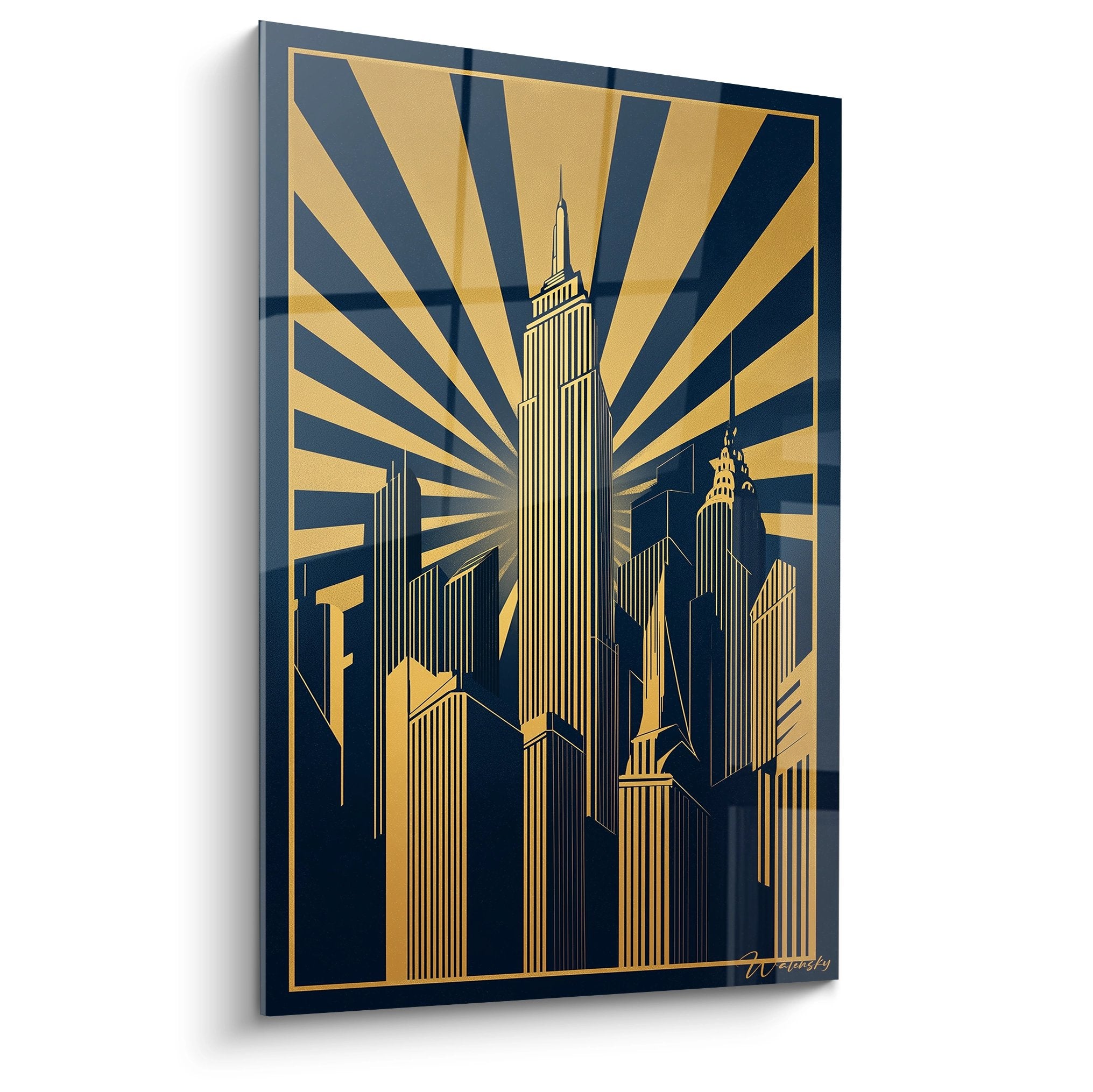 Tableau art déco Empire State Building avec rayons dorés sur fond bleu, style vintage Manhattan années 30