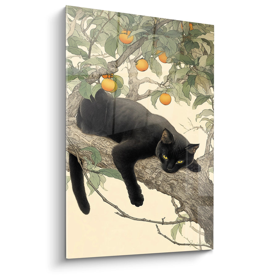 Tableau Chat Noir sur Branche d'Oranger - Sérénité Japonaise - Edition chat Bombay