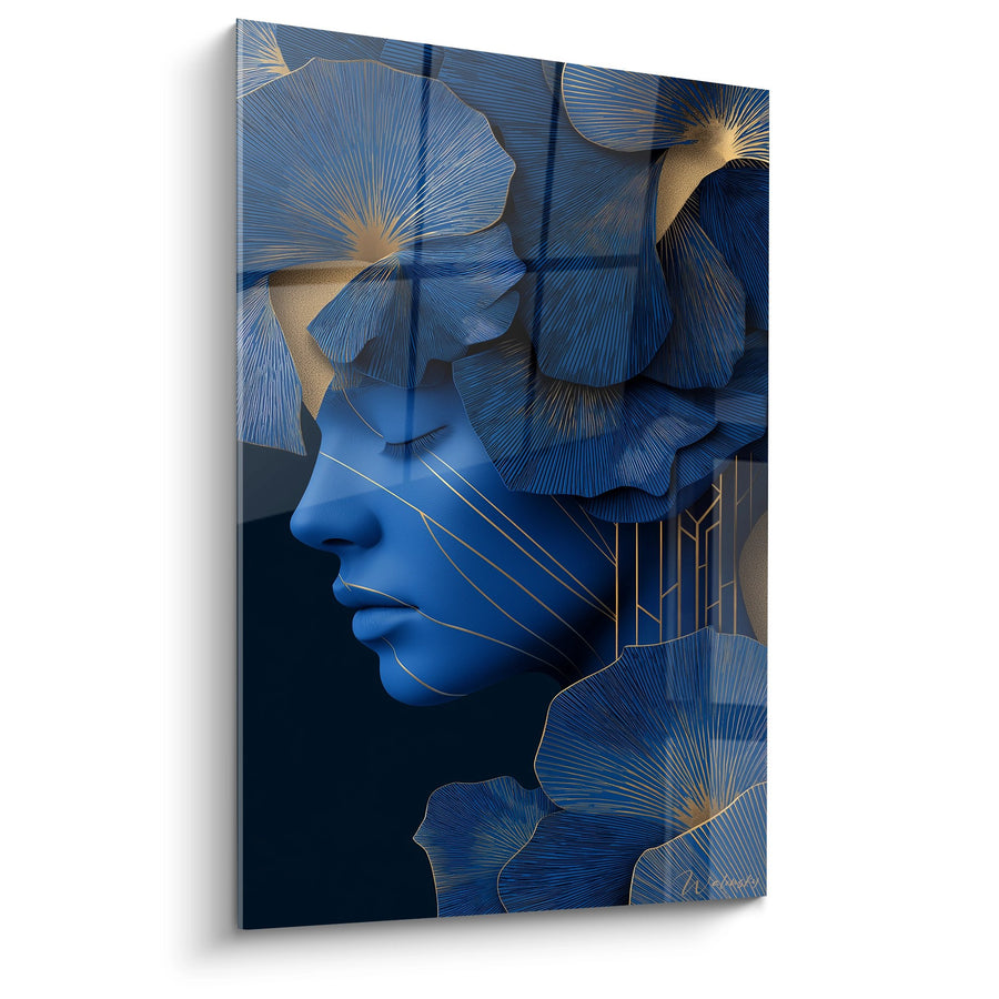 Tableau Femme Fleurs de Ginkgo - Élégance Bleue - Edition Art déco