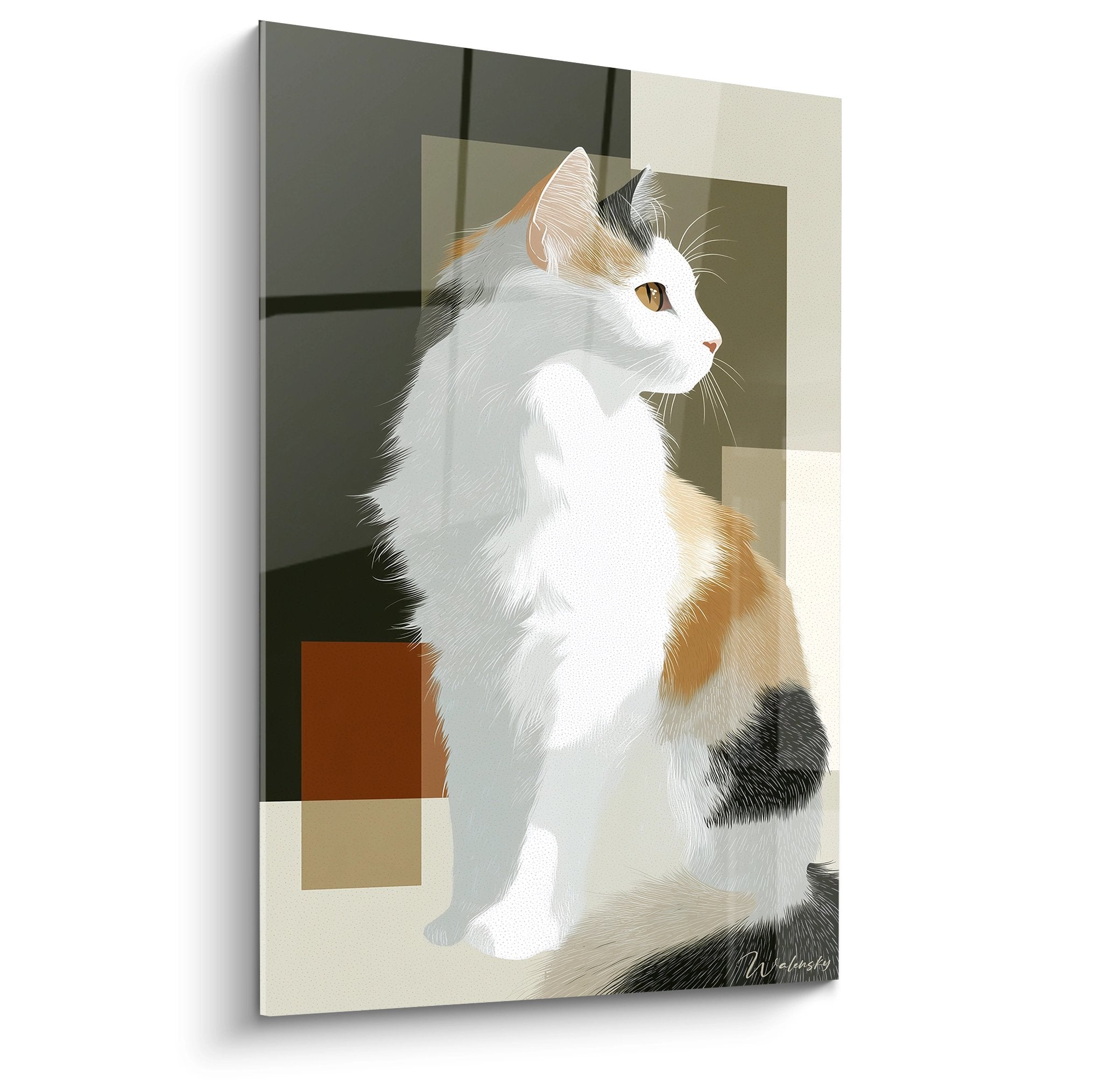 Tableau mural chat Turkish Van assis profil contemplation tons neutres art moderne geometrique