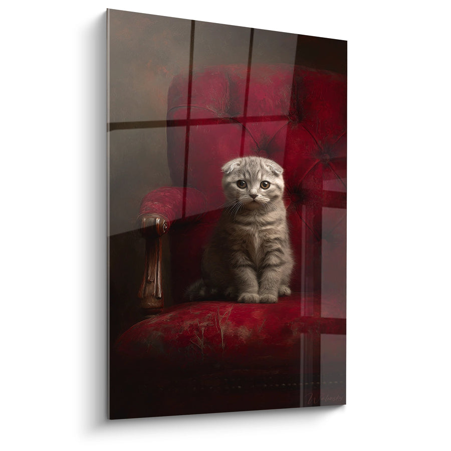 Obraz kota Scottish Fold na czerwonym fotelu - Vintage Elegancka - Edycja kota Scottish Fold