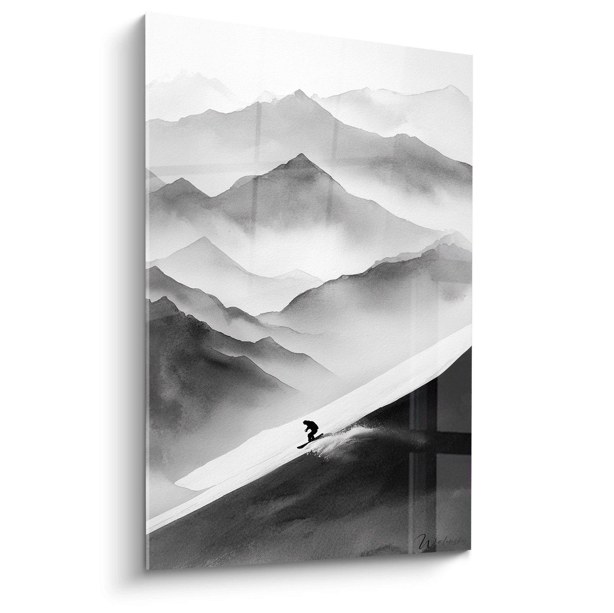 Tableau snowboard montagne noir blanc avec silhouette rider descendant pente neigeuse paysage brumeux