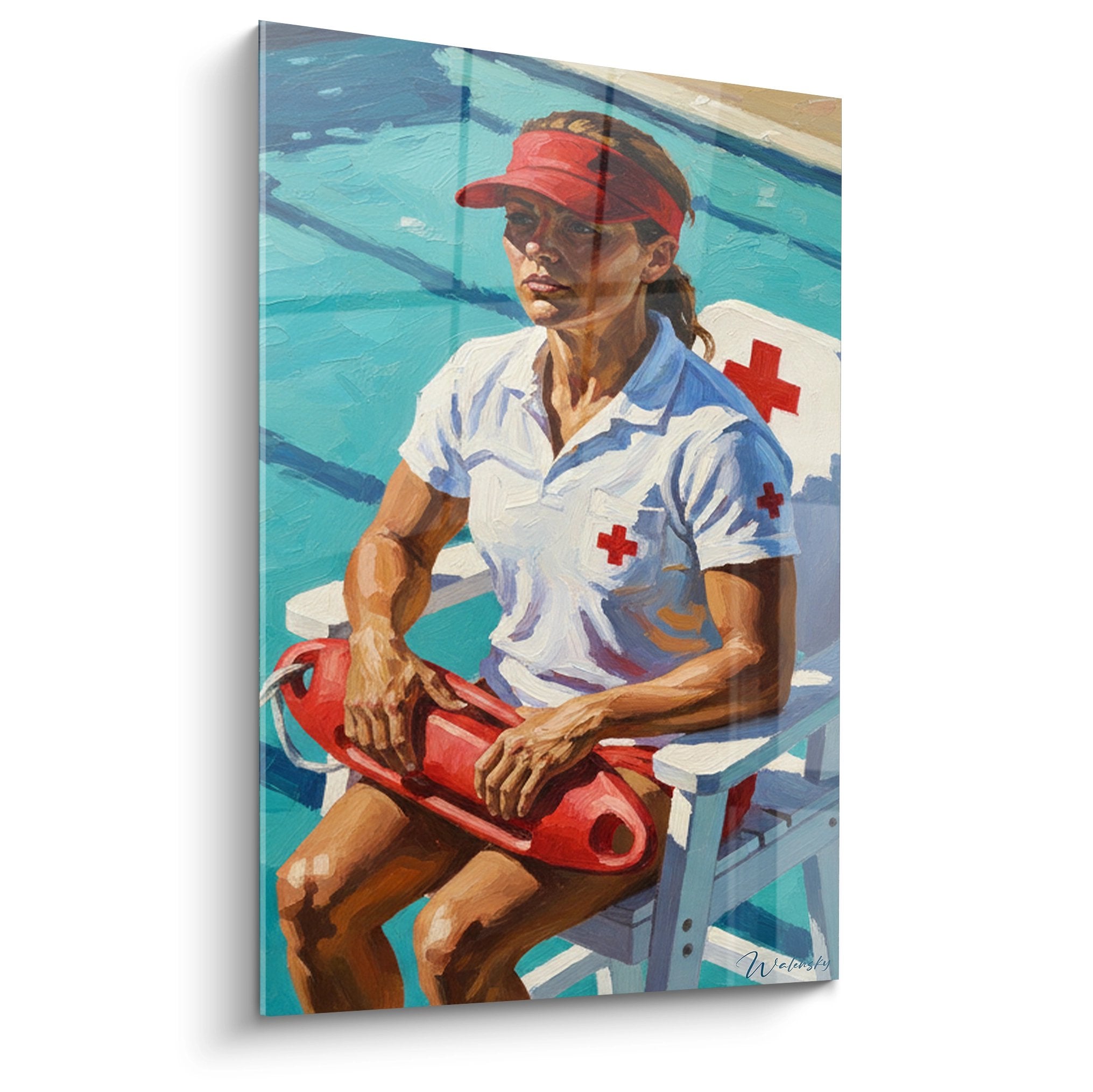 Tableau peinture maitre-nageuse sauveteur avec bouee rouge au bord piscine turquoise uniforme croix rouge