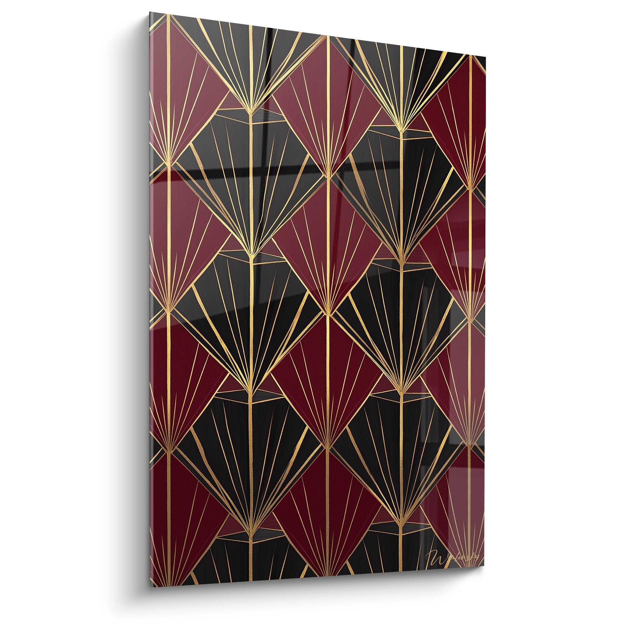 Art Deco wall art geometric fan pattern burgundy and gold on anthracite background sophisticated design