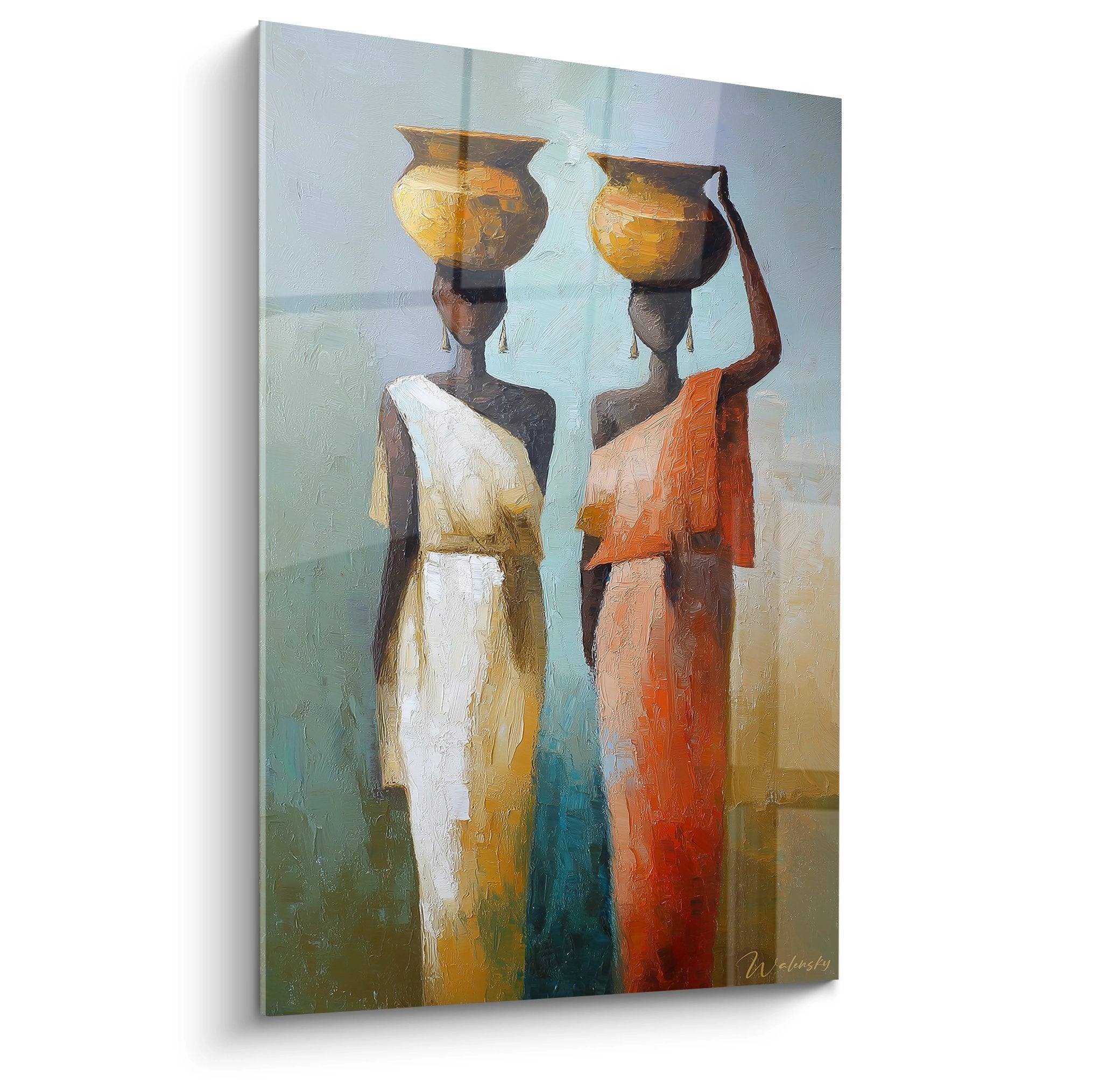 Tableau art africain deux femmes porteuses jarres eau dorees vetements colores style contemporain sahel