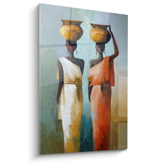 Afrikanisches Kunstgemälde zwei Frauen mit goldenen Wasserkrügen gefärbte Kleidung zeitgenössischer Sahel-Stil