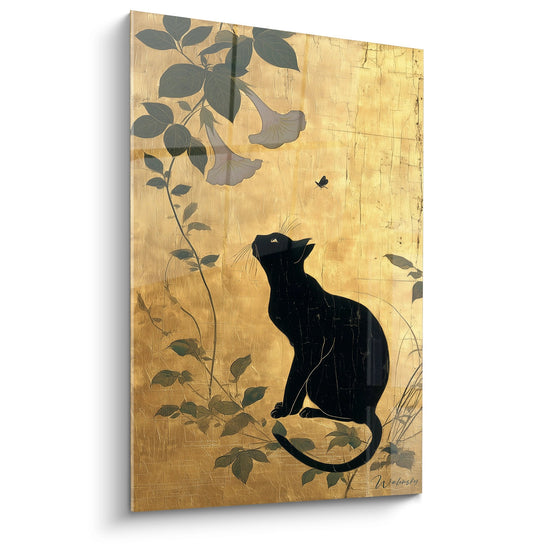 Wandbild schwarze Katze im asiatischen Stil auf goldenem Hintergrund mit Blumenmotiven und Schmetterling
