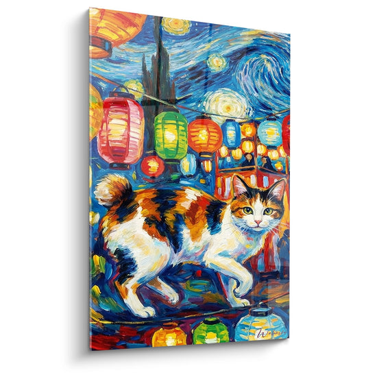 Cuadro Gato con Linternas Japonesas - Noche Estrellada Felina - Edición gato Japanese Bobtail
