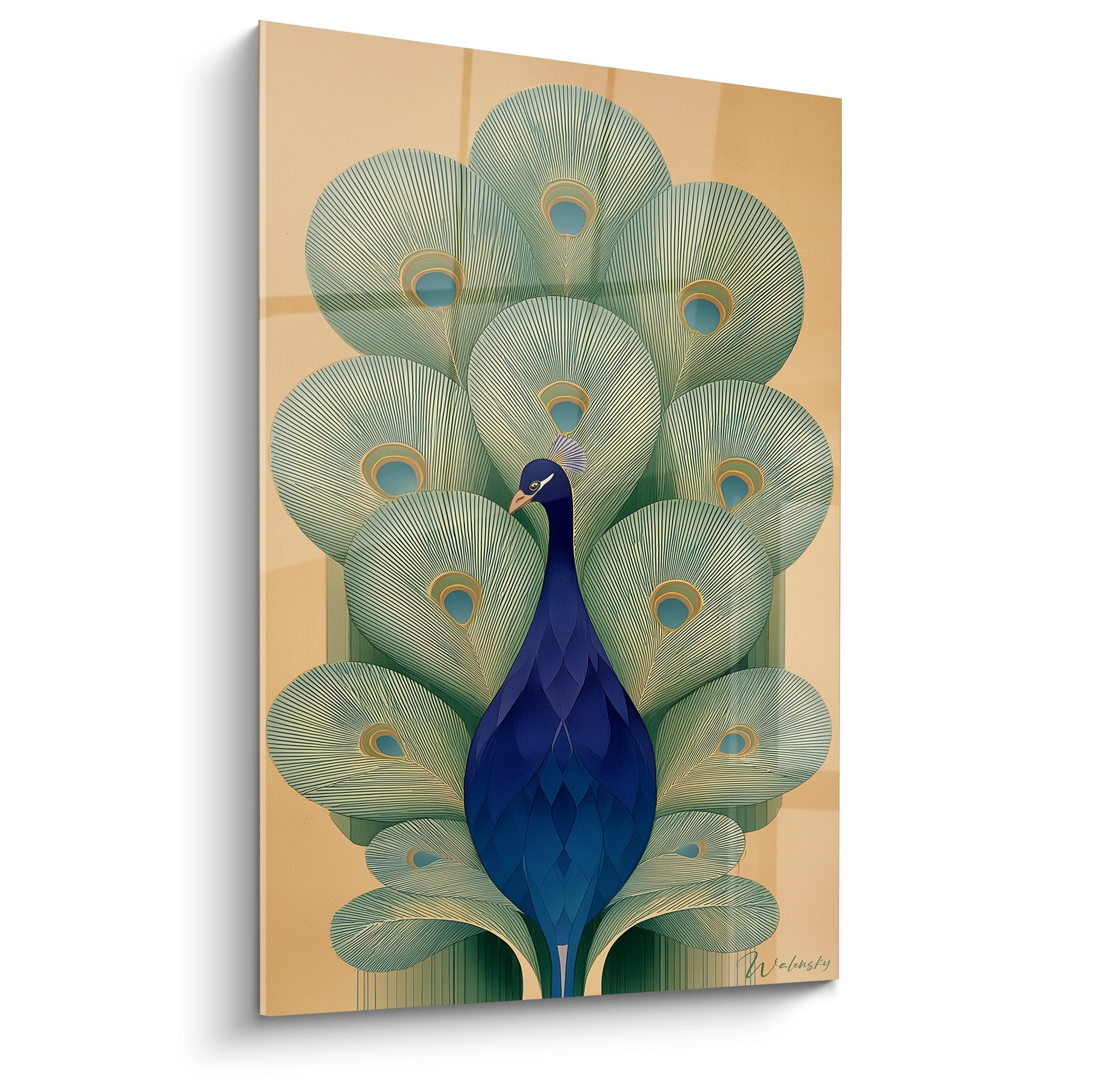 Tableau art déco représentant un paon majestueux aux plumes stylisées vertes et bleues sur fond beige