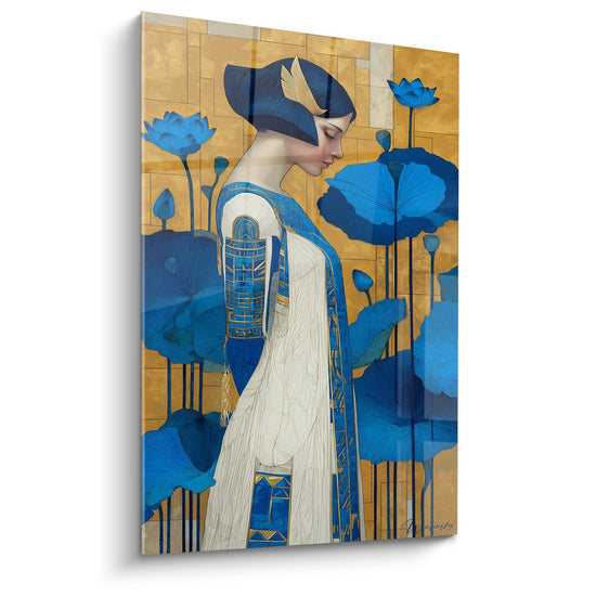 Woman with Blue Lotus Wall Art - Art Deco Elegance - Art Deco Edition