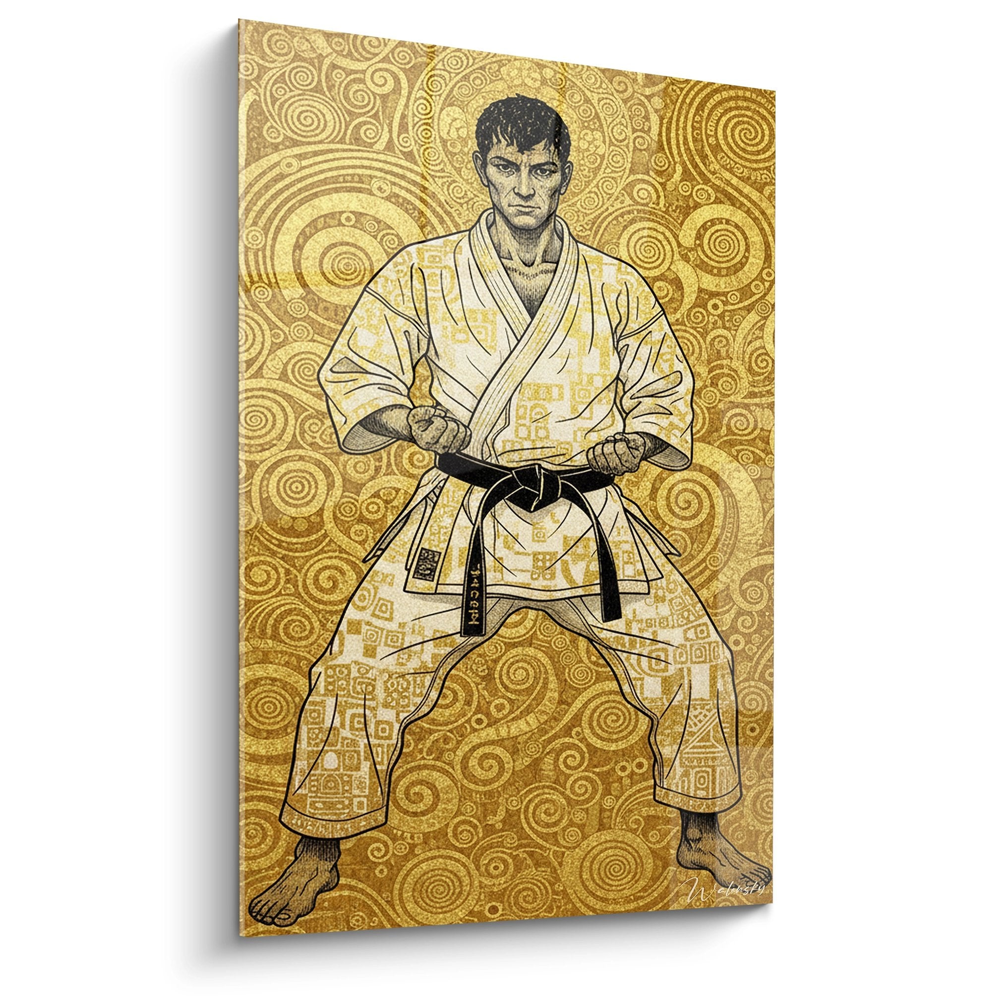 Tableau karatéka ceinture noire en position de combat sur fond doré ornemental style byzantin