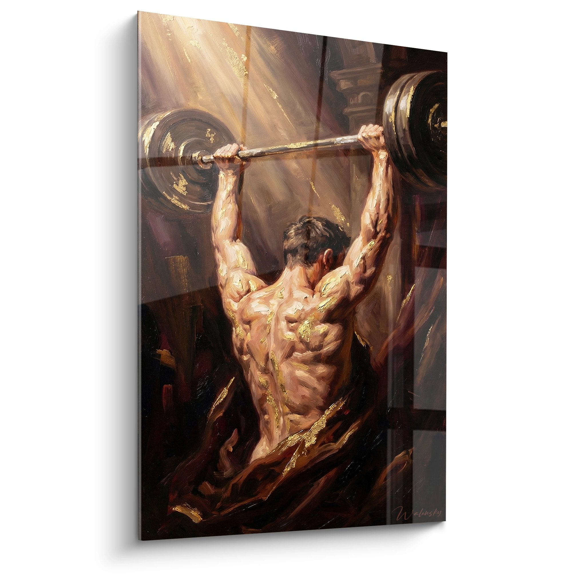 Tableau crossfit représentant un athlète soulevant une barre d'haltérophilie dans une lumière dorée dramatique