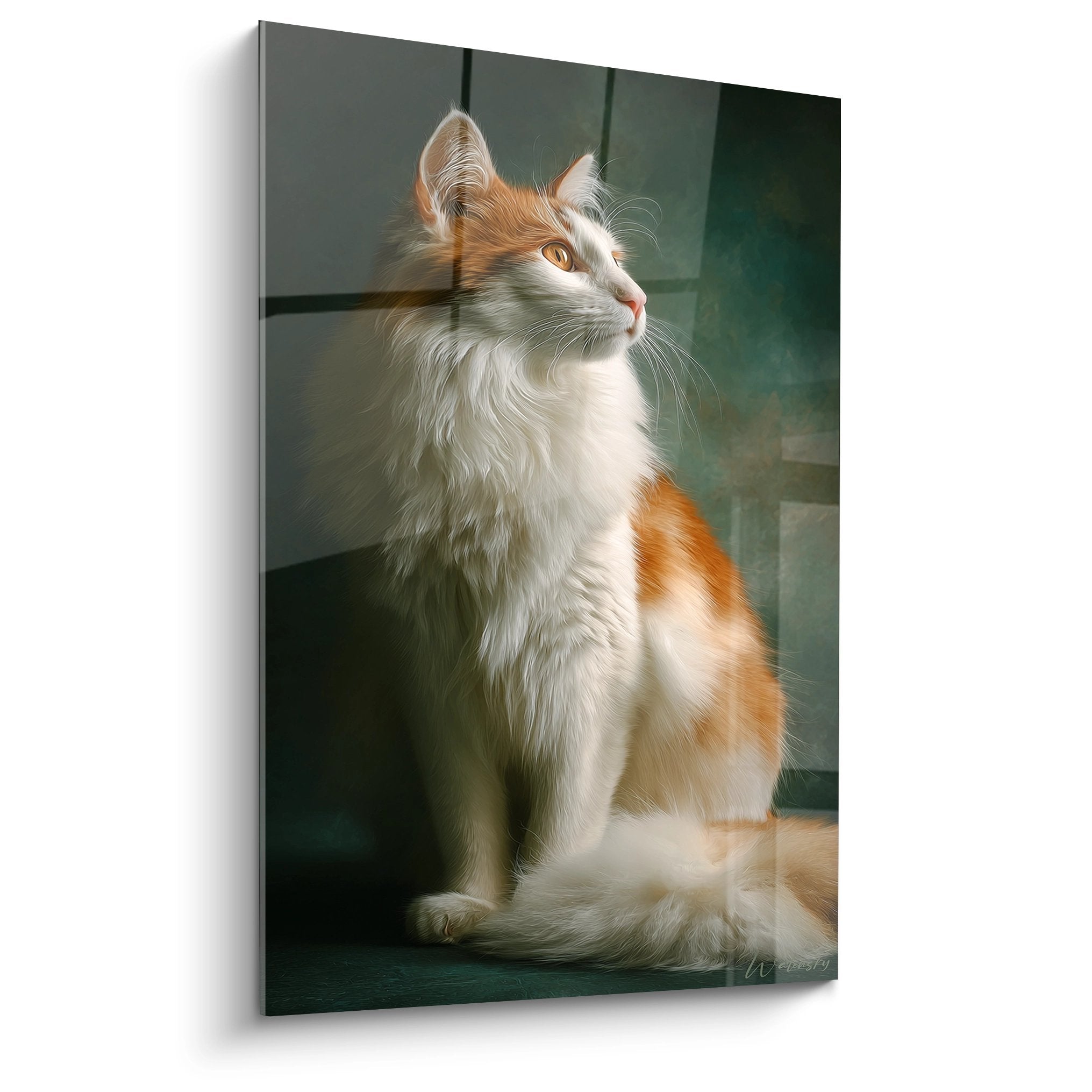 Tableau artistique représentant un chat Turkish Van majestueux aux poils roux et blancs dans une pose noble