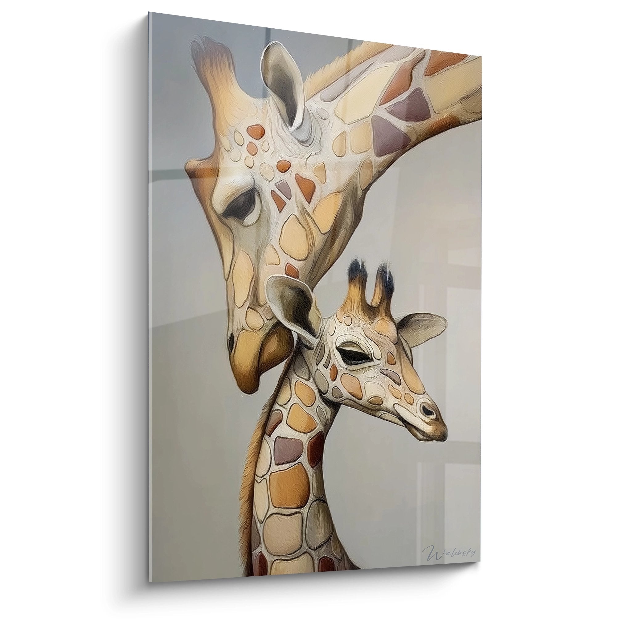 Tableau artistique de deux girafes montrant tendresse maternelle, tons ocre et beige, art mural savane africaine