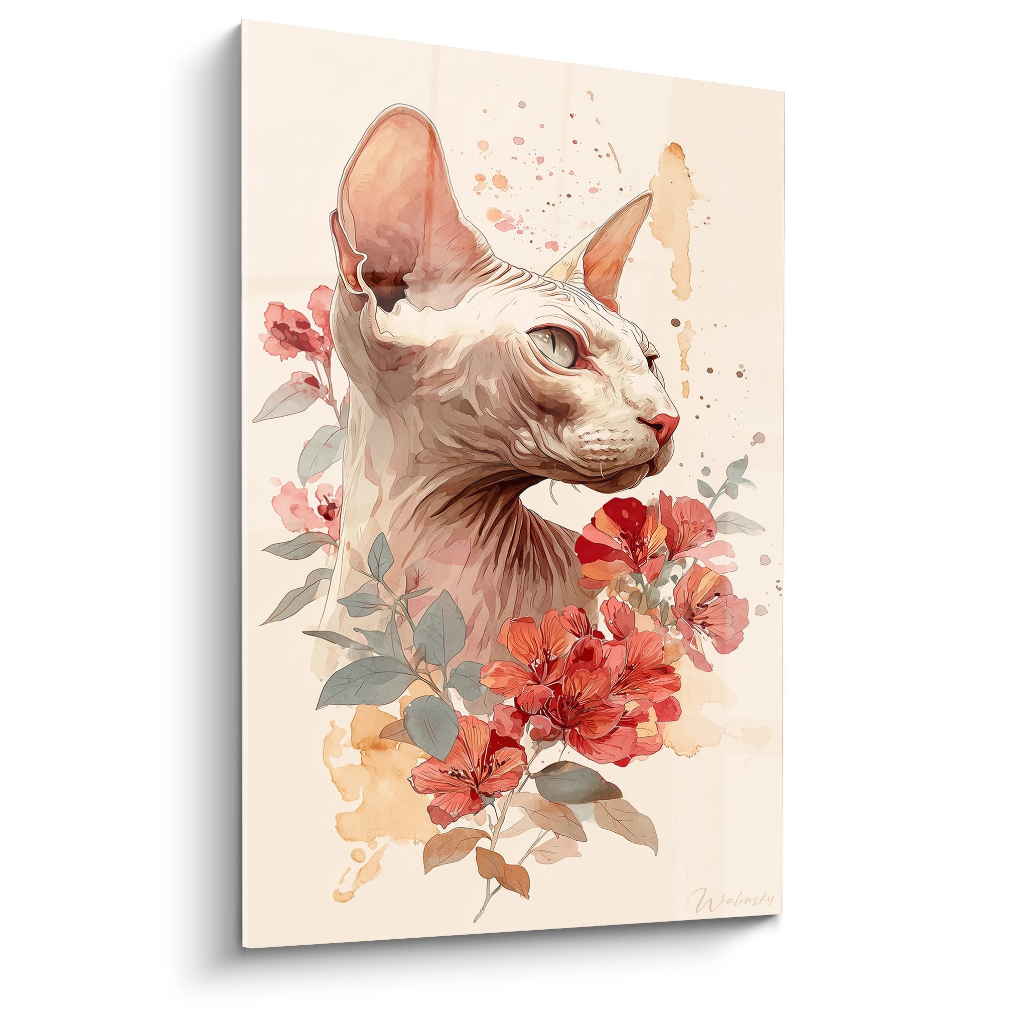 Tableau artistique chat sphynx de profil avec fleurs corail et roses sur fond beige clair