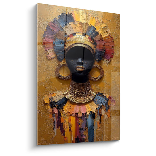 Tableau masque africain noir avec coiffe de plumes colorées et ornements dorés sur fond texturé or