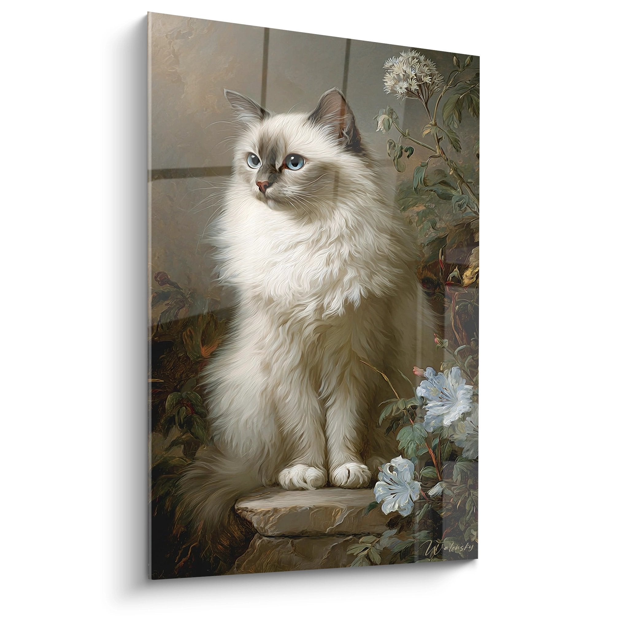 Quadro murale gatto Birmano con occhi blu seduto in giardino romantico con fiori bianchi su tela decorativa