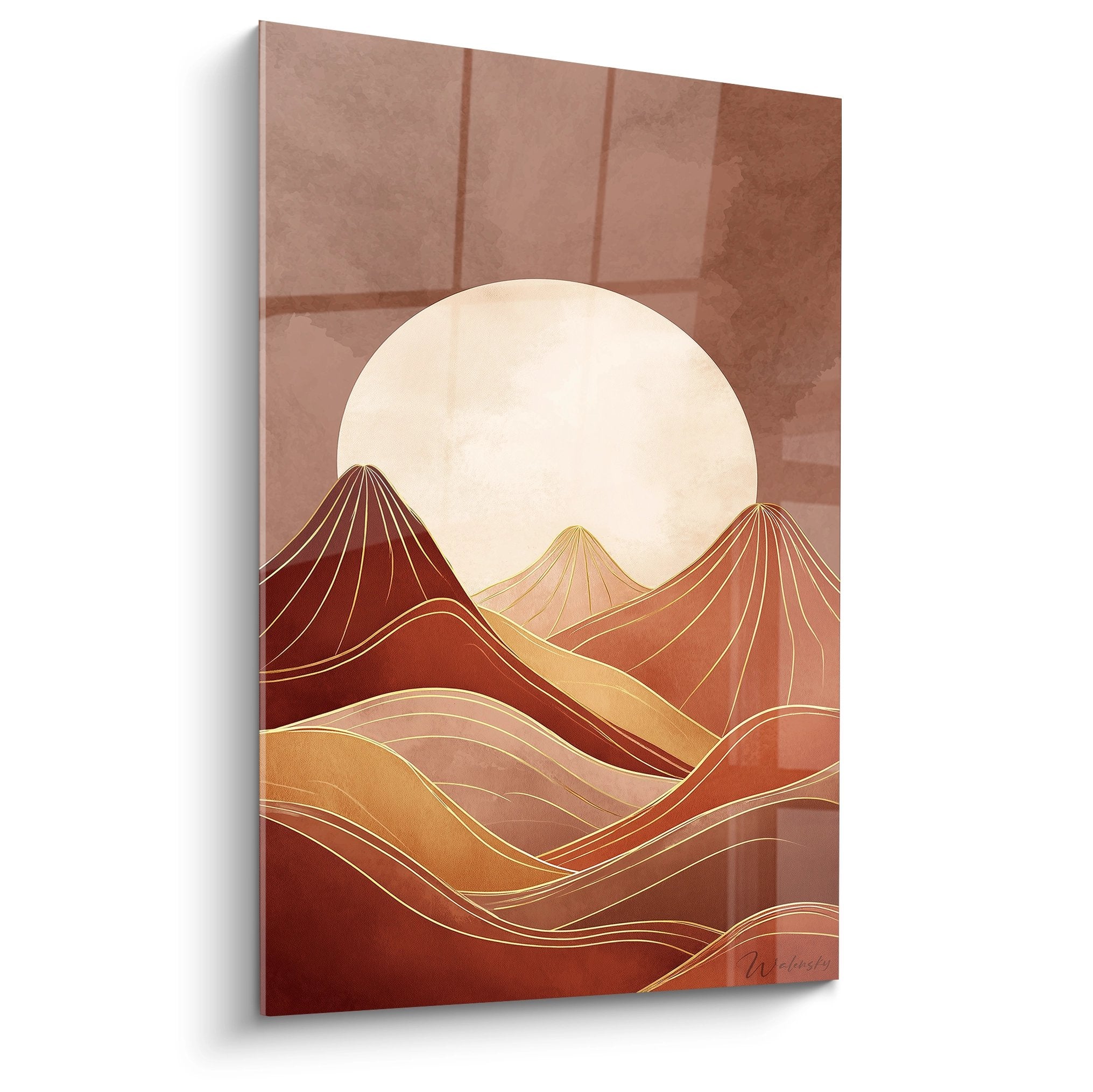 Art-Deco-Gemälde geometrischer Berg in Ocker- und Goldtönen mit Sonnenuntergang im Stil der 1920er Jahre moderne Wanddekoration