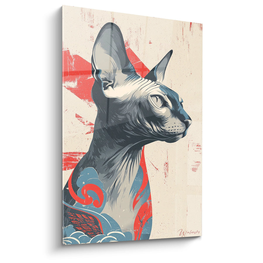 Obraz Kota Sphynx Profil - Sztuka Japonizująca Czerwona i Niebieska - Edycja Kota Sphynx
