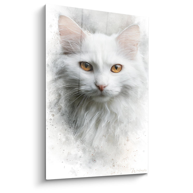 White Cat Painting with Golden Eyes - Angora Softness - Turkish Angora Cat Edition