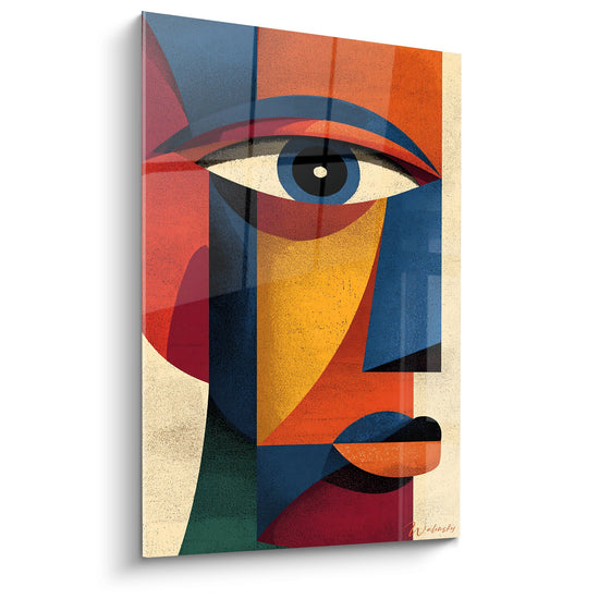 Quadro murale in stile cubista che rappresenta un volto geometrico ispirato dall'arte tribale africana con colori vivaci