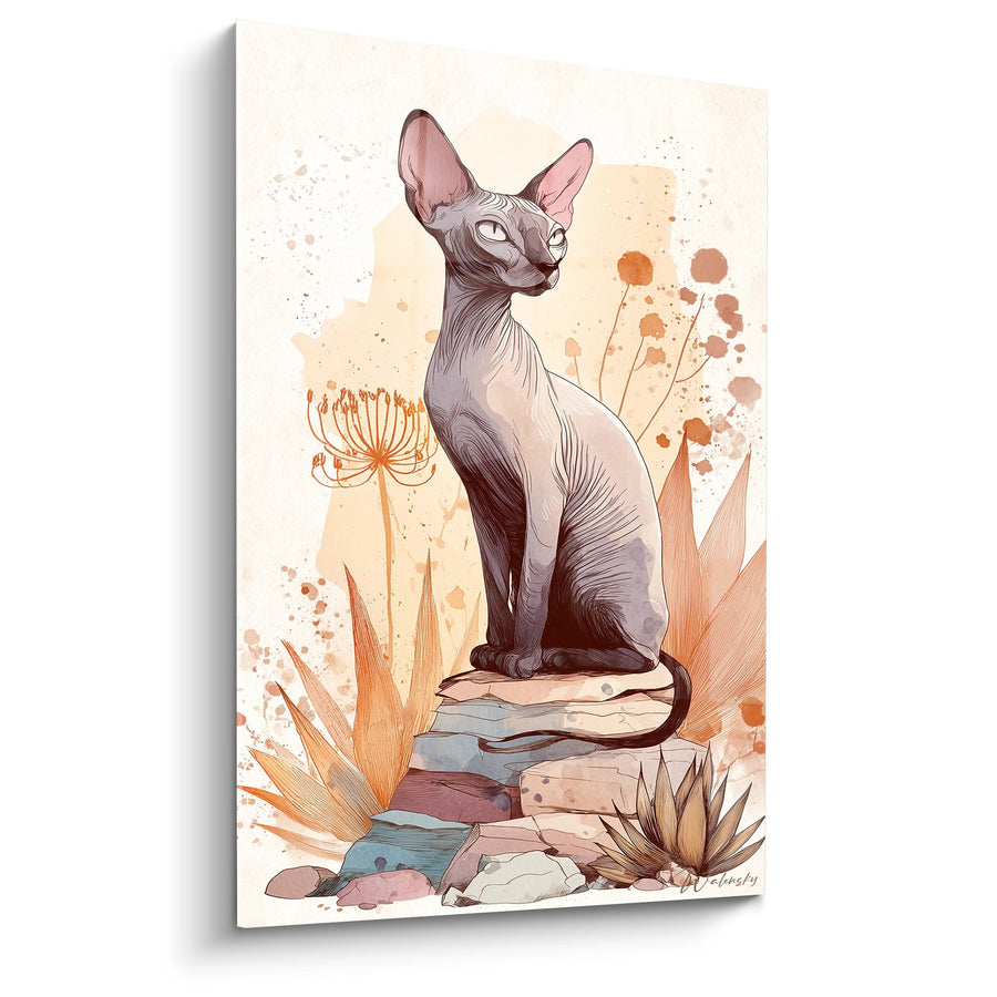 Tableau Chat Sphynx Aquarelle - Sérénité Minérale - Edition chat Sphynx