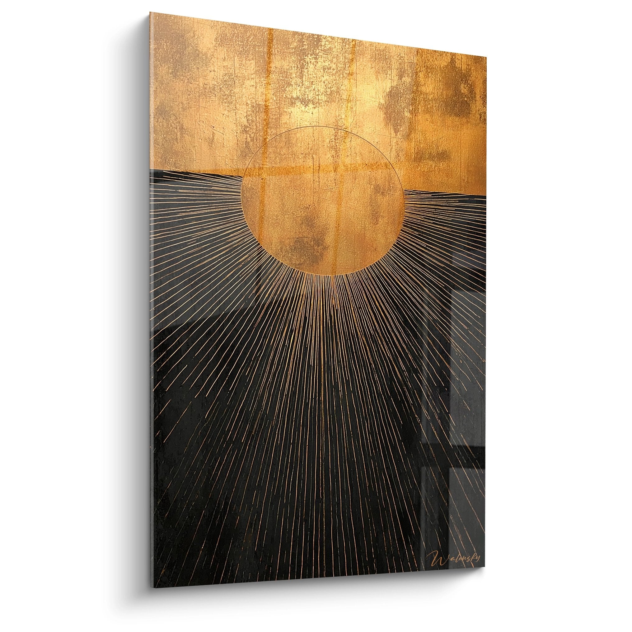 Tableau mural soleil doré avec rayons dorés sur fond noir, art contemporain paysage africain