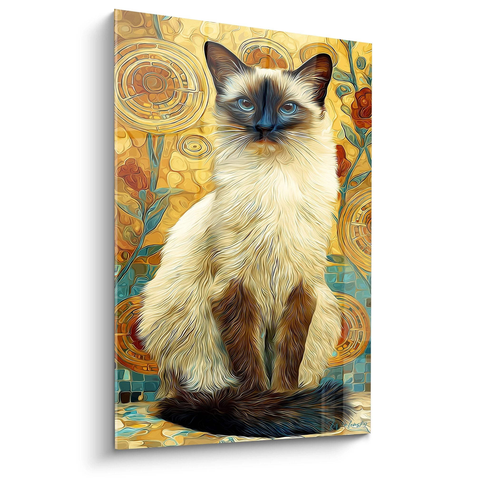 Wandgemälde balinesische Katze Art-Nouveau-Stil goldener Hintergrund kreisförmige dekorative Motive blaue Augen cremefarbenes Fell