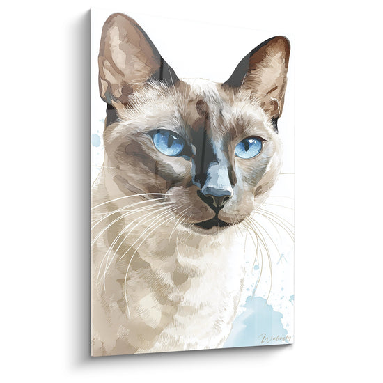 Tableau artistic chat Tonkinois aux yeux bleus perçants, style aquarelle, art mural félin décoratif premium