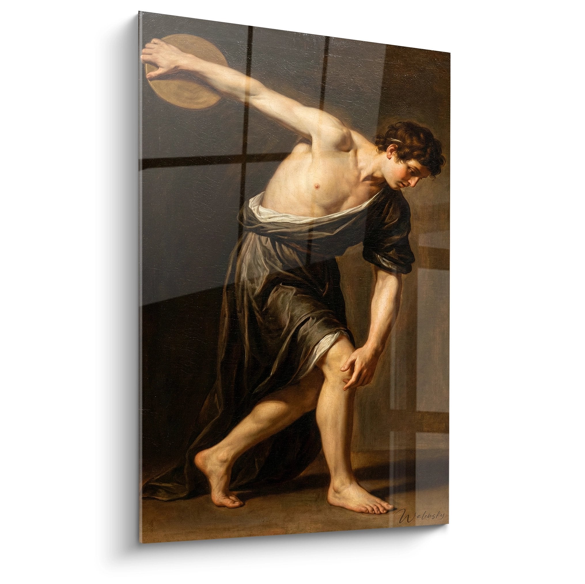 Tableau representant un athlete antique lancant le disque dans un style artistique classique