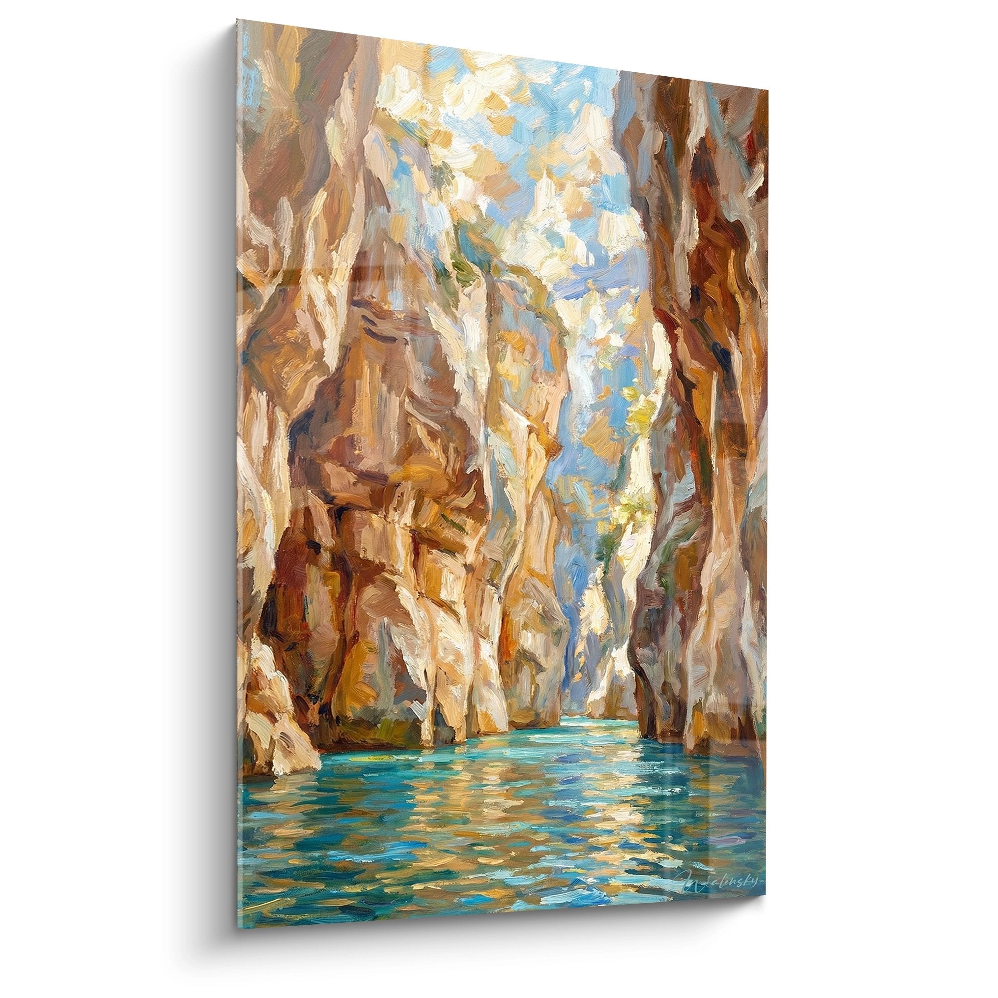 Tableau peinture canyon aux eaux turquoise entre falaises ocre, style impressionniste, decoration murale