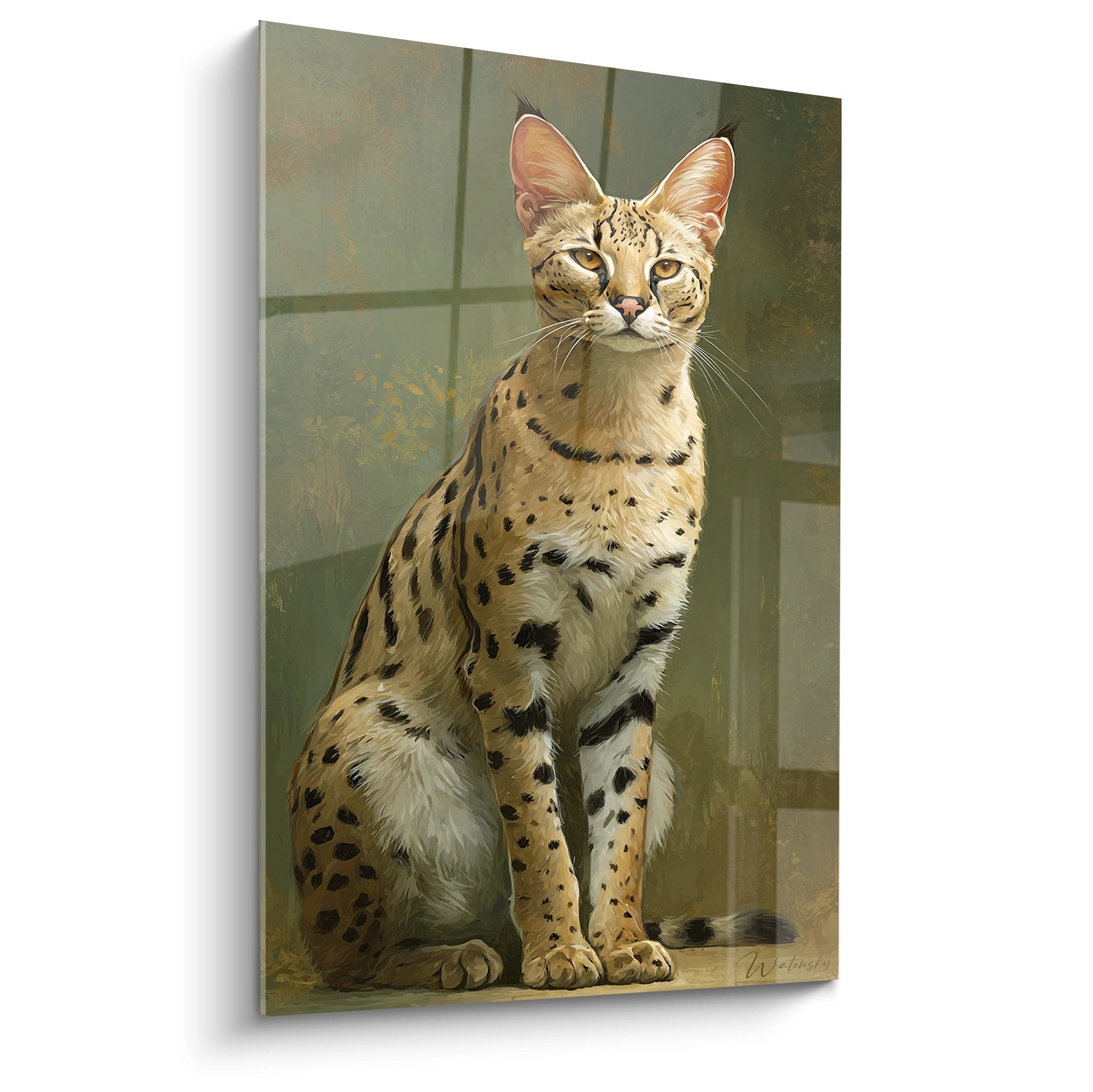 Tableau artistique d'un chat Savannah elegant aux taches dorees dans une pose gracieuse sur fond neutre