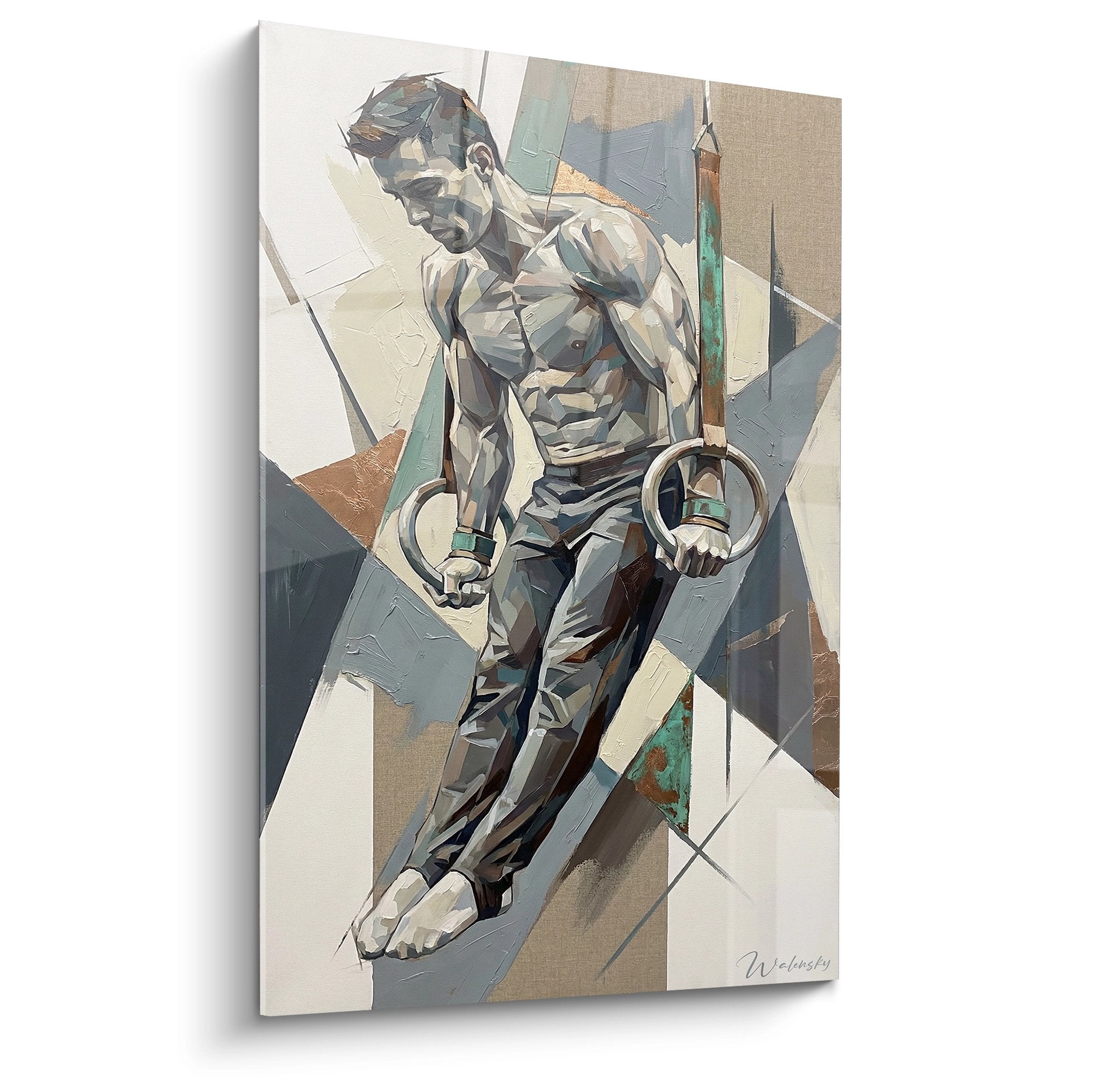 Tableau artistique crossfit représentant un athlète réalisant un muscle-up aux anneaux avec style géométrique moderne