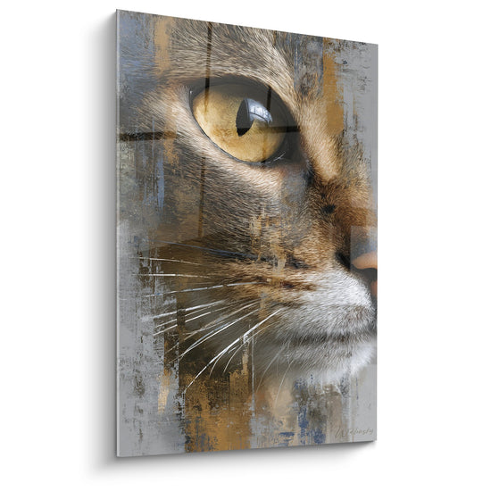 Quadro artistico che rappresenta l'occhio dorato penetrante di un gatto Abissino su sfondo texture moderno