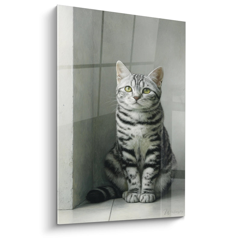 Tabby Cat Sitting Painting - Realistic Portrait - American Shorthair Cat Edition