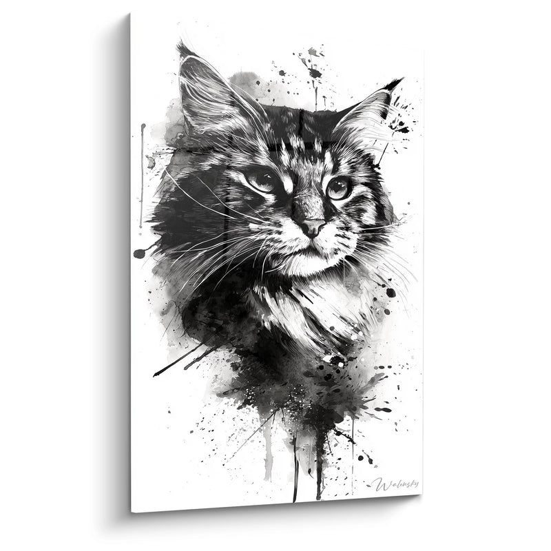 Black and White Watercolor Cat Painting - Expressive Feline Art - American Bobtail Cat Edition