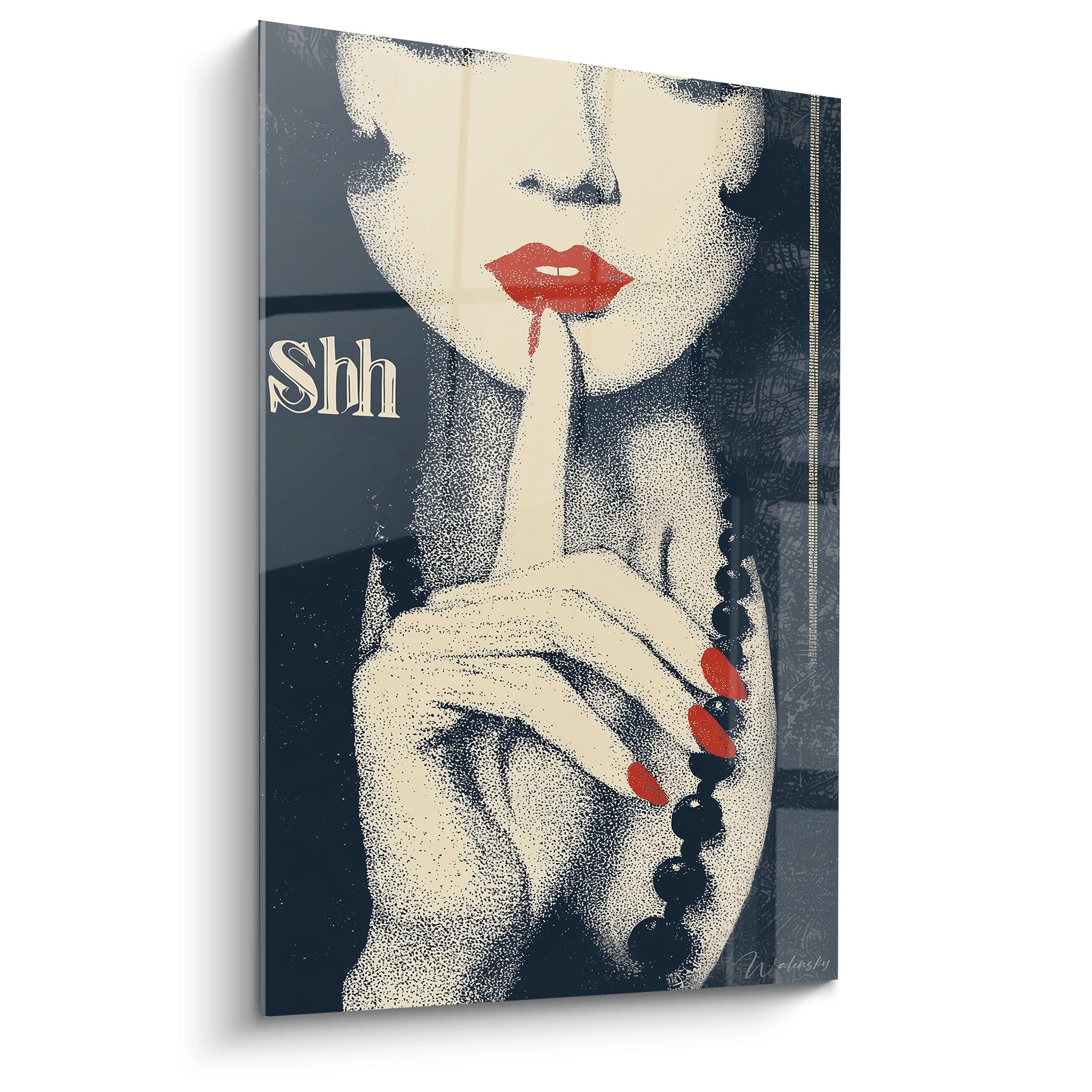 Art deco woman painting elegant gesture silence red lips black pearls vintage pointillism style