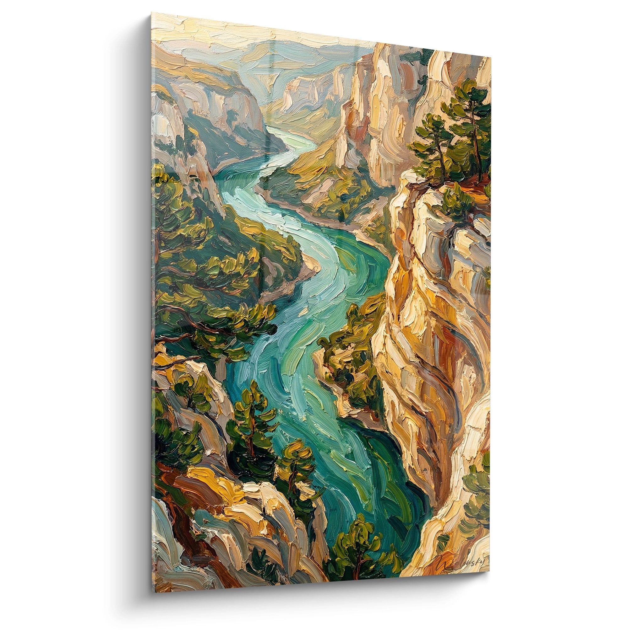 Tableau canyon riviere turquoise falaises rocheuses vegetation pins peinture impasto gorges verdon