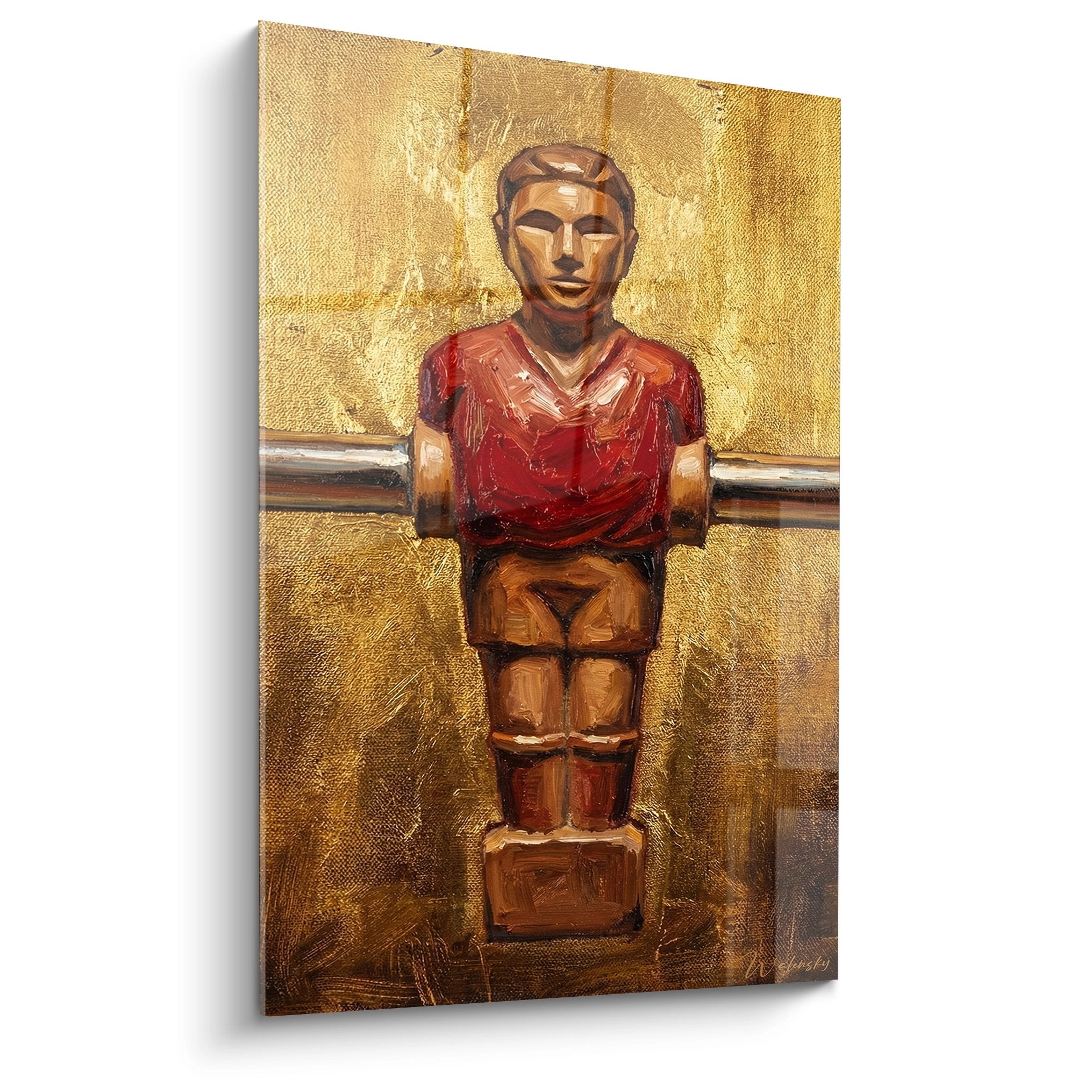 Tableau artistique representant un joueur de babyfoot vintage en maillot rouge sur fond dore texture