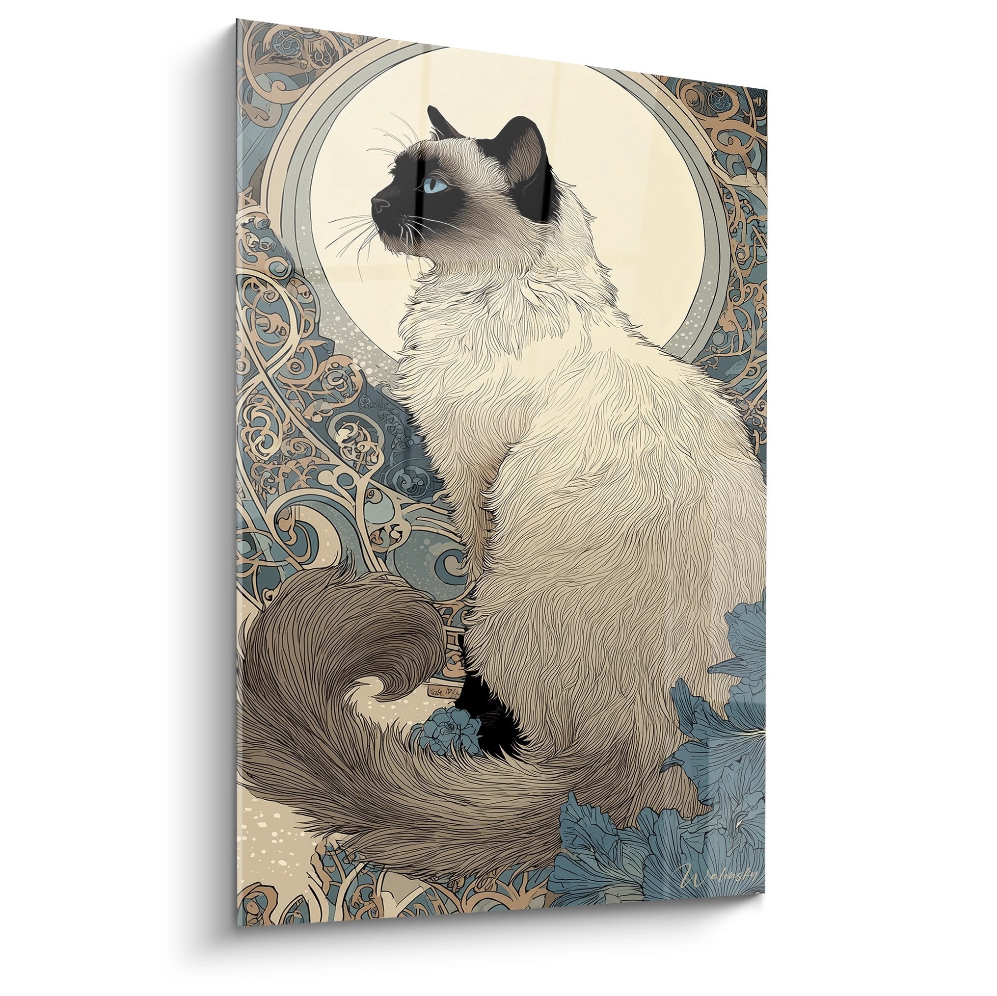 Tableau décoratif chat Balinais style Art Nouveau avec ornements floraux et lune dorée sur fond beige et bleu