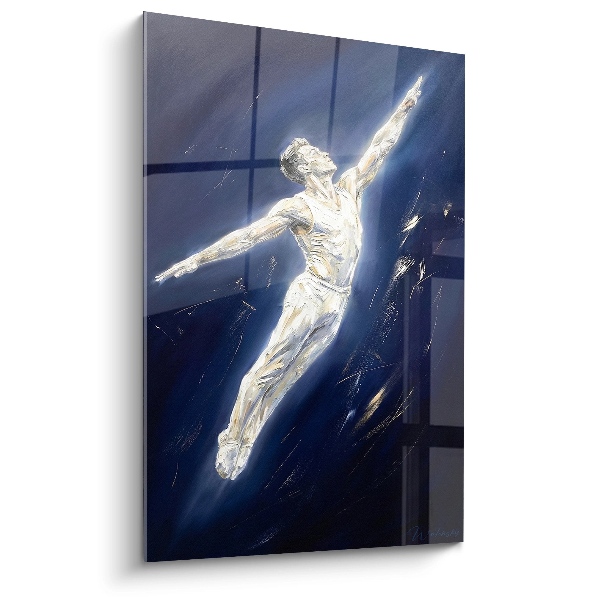 Tableau artistique représentant un gymnaste masculin en plein vol sur fond bleu, style contemporain