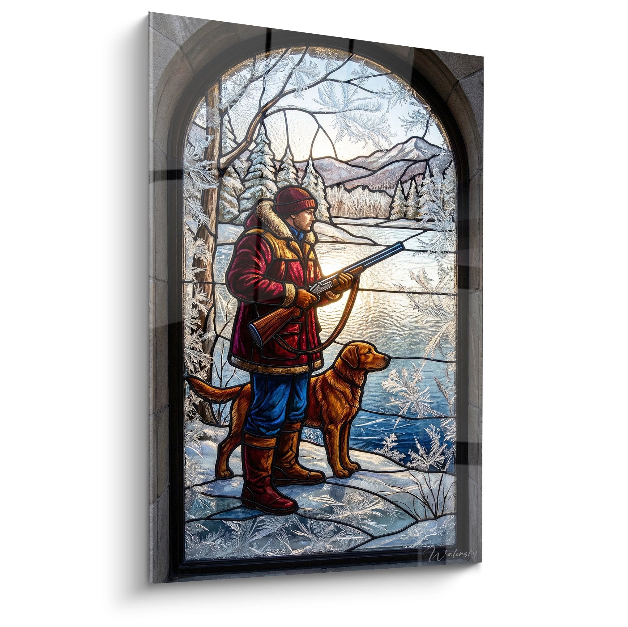 Tableau décoratif chasseur en manteau rouge avec chien retriever au bord d'un lac gelé dans paysage hivernal encadré