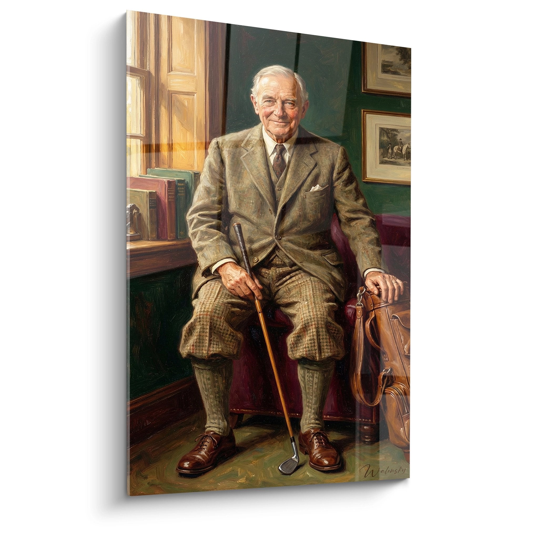 Portrait élégant d'un gentleman golfeur en costume tweed assis dans un salon de club avec son matériel de golf