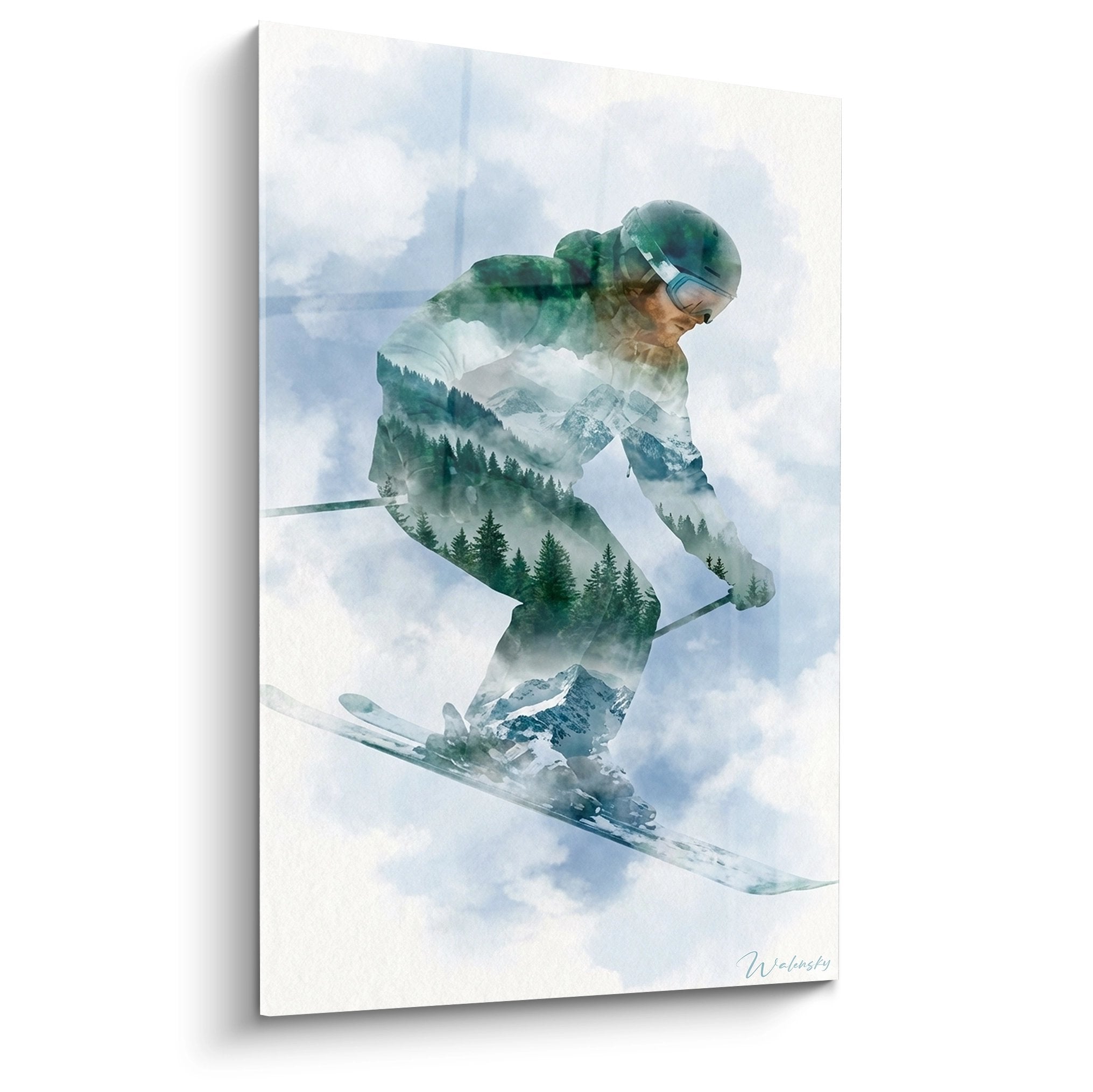 Tableau moderne double exposition skieur fondu avec paysage montagnard et foret de sapins verts