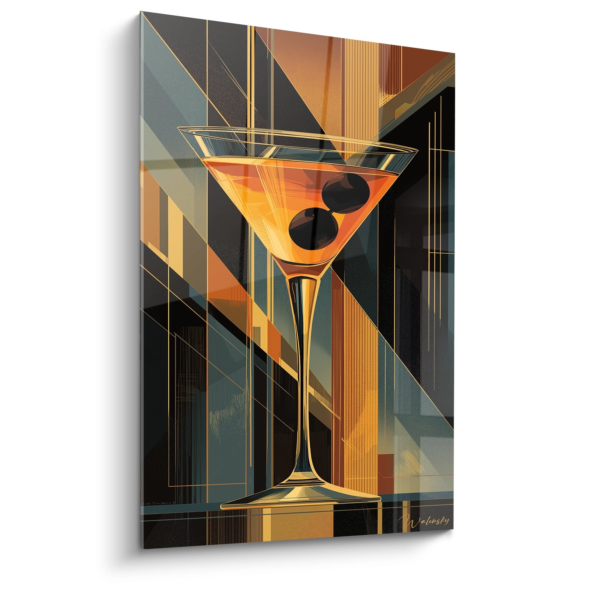 Tableau art déco représentant un cocktail martini doré avec olives sur fond géométrique aux tons cuivrés et dorés