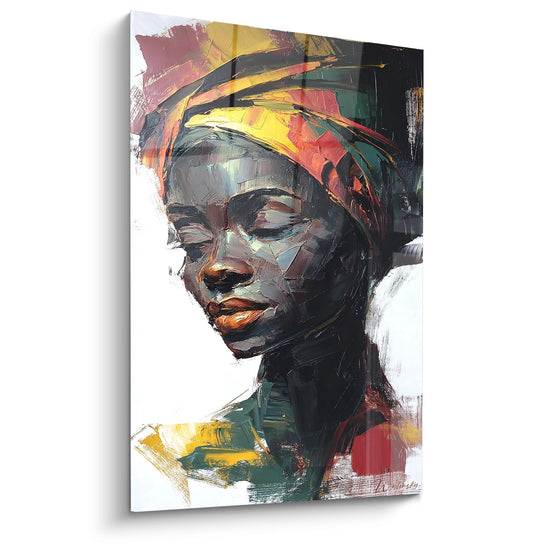 Quadro ritratto donna africana con turbante colorato, dipinto moderno con colori vivaci giallo rosso verde
