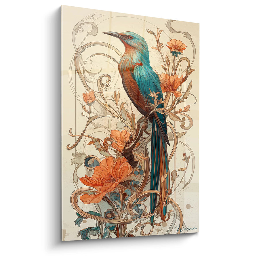Tableau Oiseau Exotique - Élégance Turquoise et Orange - Edition Art déco