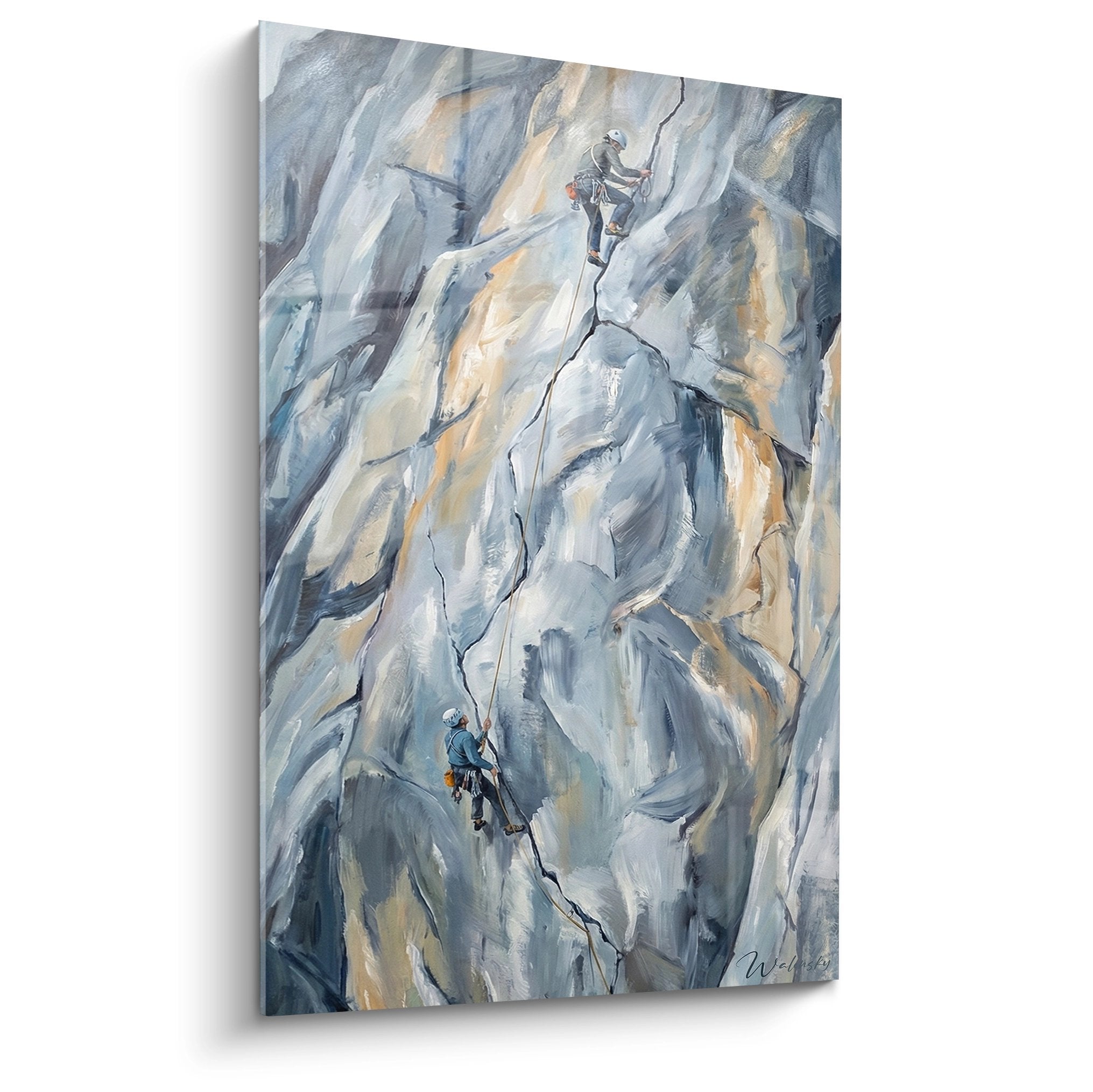 Tableau escalade montrant deux grimpeurs sur paroi rocheuse avec cordes et equipement technique